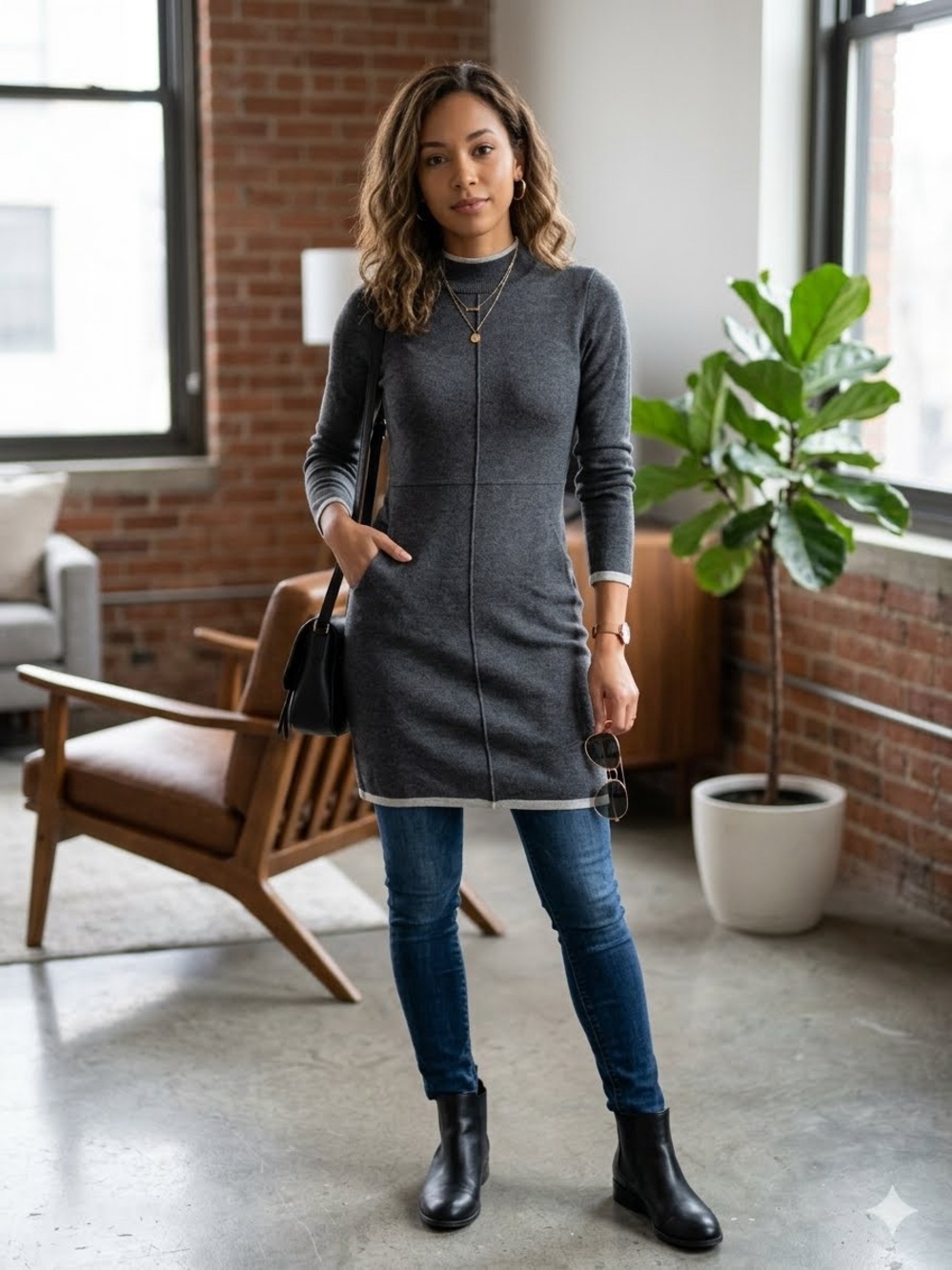 ROMEO + JULIET Couture Gray Knit Mini Sweater Dress Contrast Trim Size S